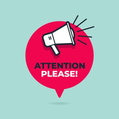 Attention please with loudspeaker in speech bubble.