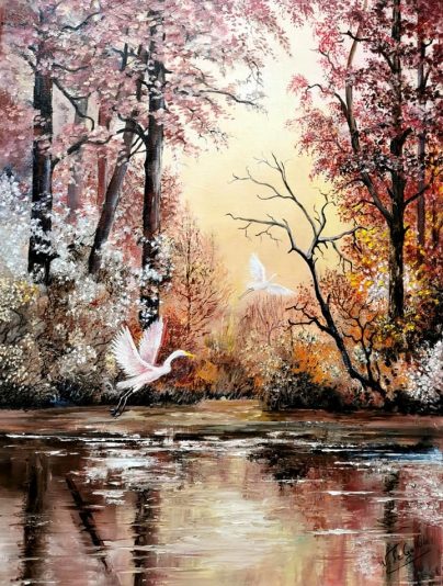 Automne -Les grues au bord de l'étang