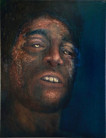 Lawrence, Portrait de Ali Abdulhadi Mushaima, Huile sur toile et feuille d'or, ETAT final 2020, 51 x 38 cm