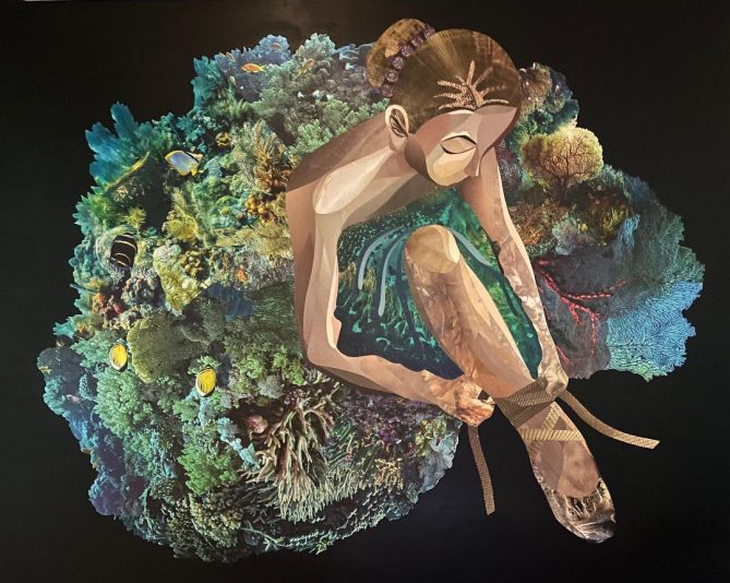 France Gélinas_no 202301_La Ballerine des mers_24x30_Collage de papier de revue sur bois_925
