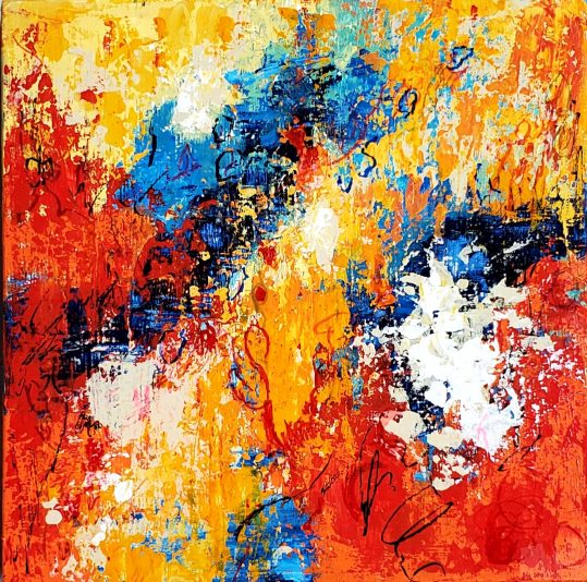 Abstract in Red 2 12x12 acrylic on gllery canvas 2023