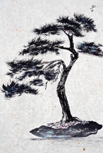 BONZAÏ 3 Force de vie -2017-50X70-Encre de Chine sur papier à parcelles d'or marouflé sur toile