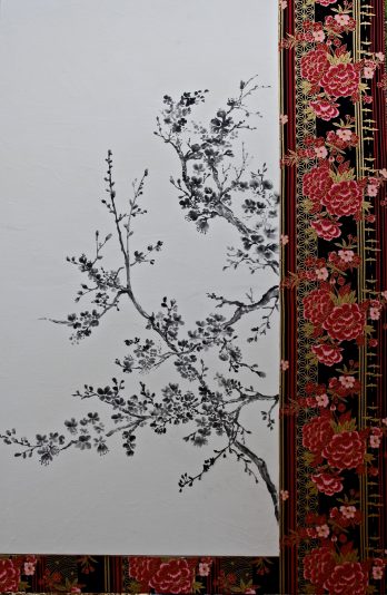 PRINTEMPS JAPONAIS-ENCRE DE CHINE SUR PAPIER XUAN MAROUFLÉ SUR TOILE ET COLLAGE DE TISSU JAPONAIS - 2018-96X146 cm-