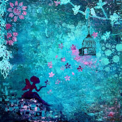 Johanne Kourie La féee et les étoiles:The stars and the fairy 12x12 Acrylique 2024 copie