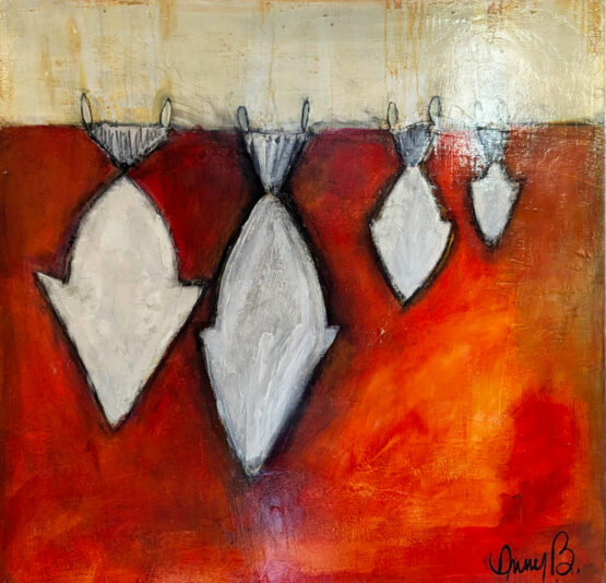 Anny Bisson, Poissons argentés, acrylique pastel secs mortier, $, 30po x 30po, 2lbs