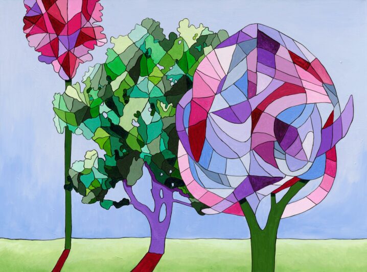 Dialogue des arbres, 2024. Acrylique sur toile. 36 x 48 pouces.