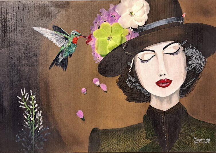 Le Colibri et la Dame au chapeau, mixte sur carton vernis, 23.5 x16 po, ja2025, rogne 934ko