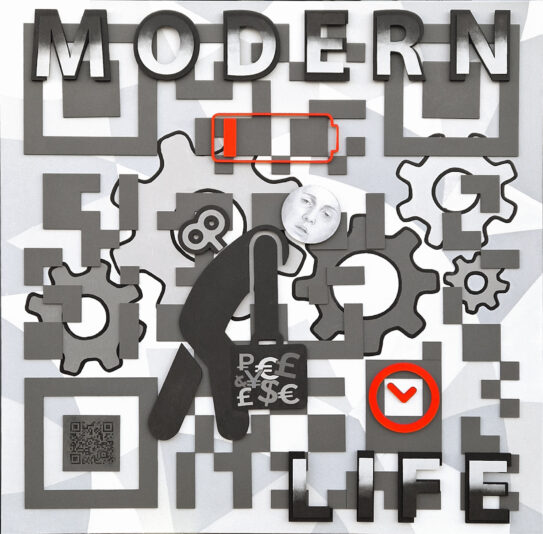 Modern-Life_Acrylique sur toile et relief en bois peints_100x100cm_2026_Vs2
